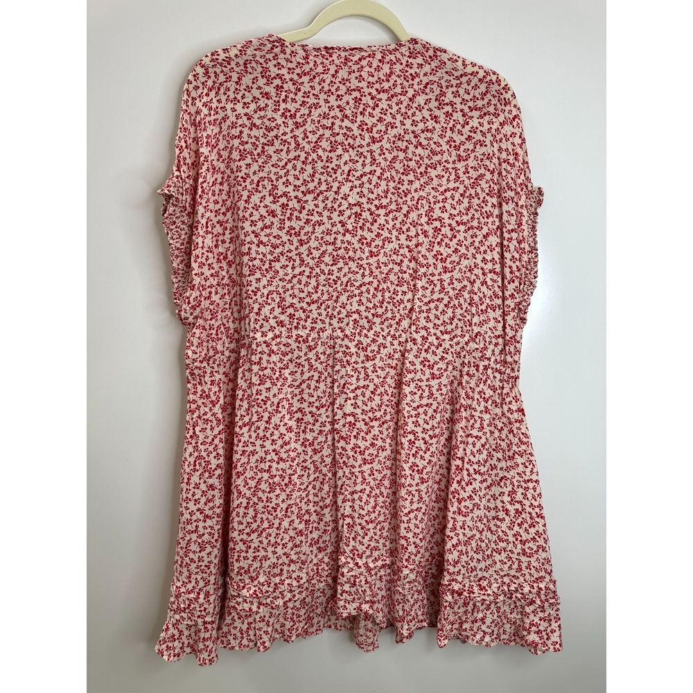 Free People One Fine Day Mini Dress Red Cream Ditsy Floral Pintuck XS Oversized - Picture 14 of 15